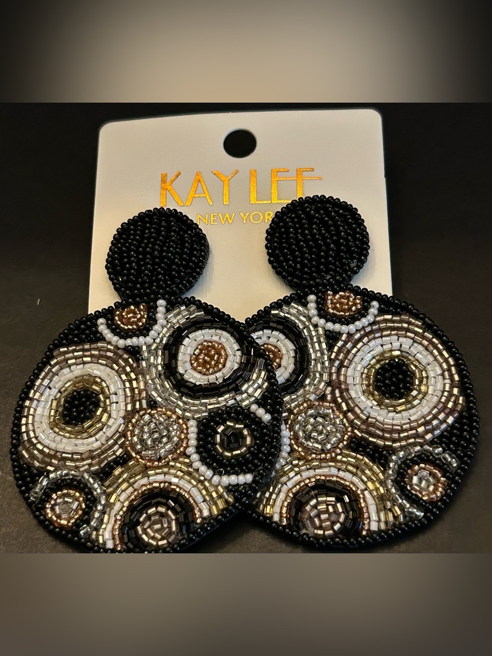 Kay Lee Black & Gold Hand Beaded Boho Circle Design Drop Earrings